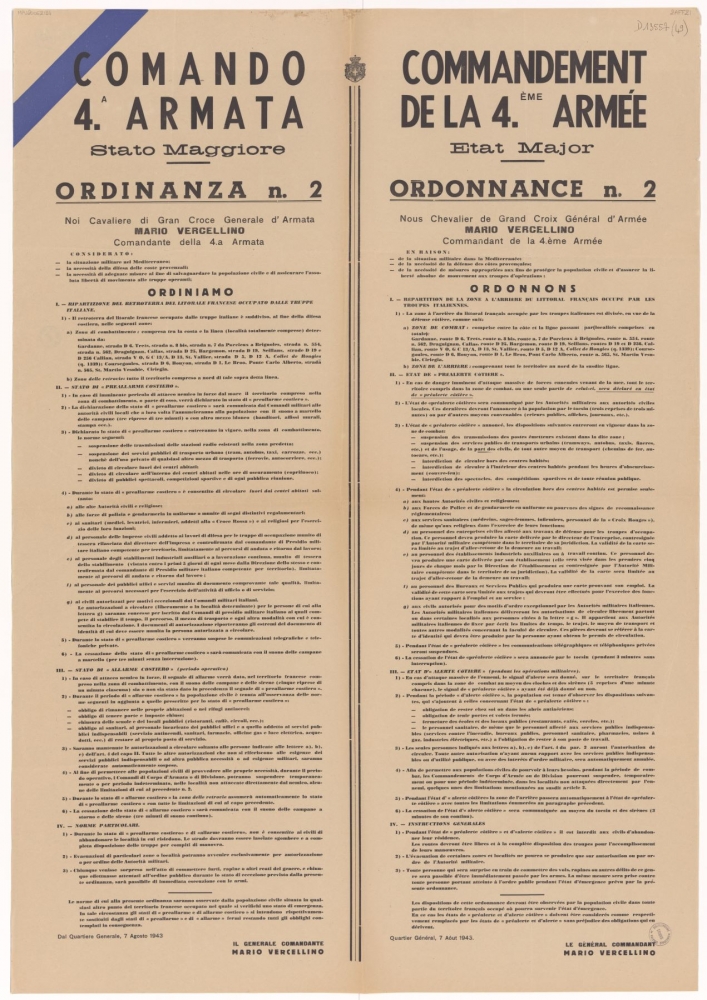 Commandement de la 4ème Armée. Etat Major : Ordonnance n°2 [version bilingue italien/français sur la situation militaire en Provence et Méditerranée]