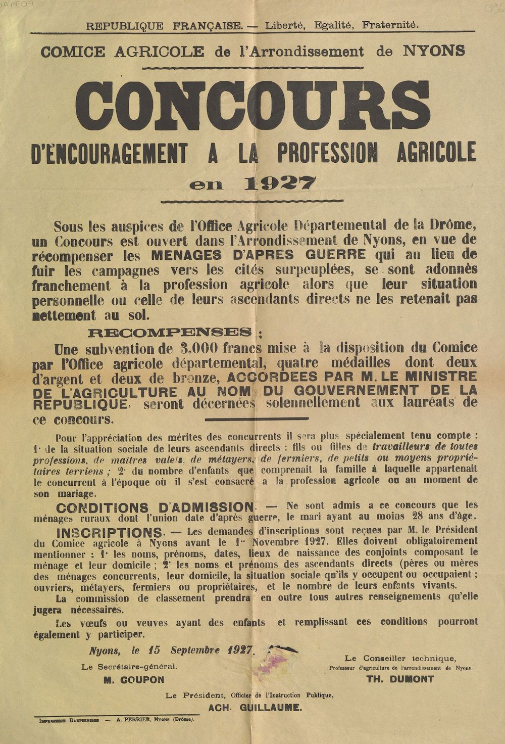 Comice agricole de l'arrondissement de Nyons : concours d'encouragement de la profession agricole en 1927