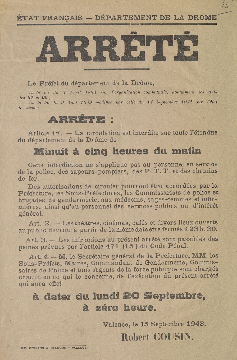 Département de la Drôme. Arrêté [couvre-feu dans la Drôme, 20 septembre 1943]