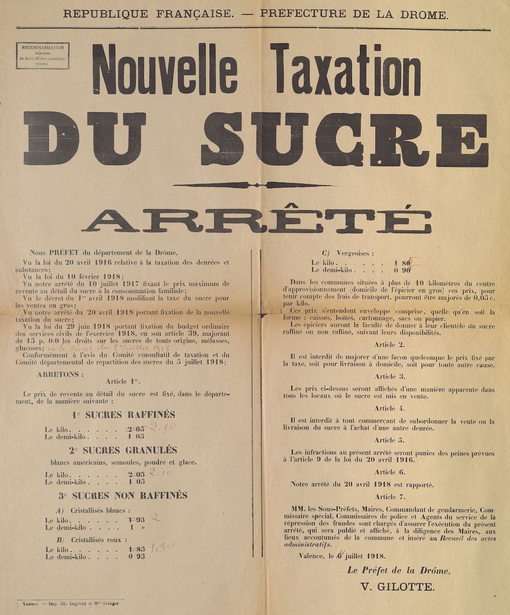 Préfecture de la Drôme. Nouvelle taxation du sucre : Arrêté [Valence, 06 juillet 1918]