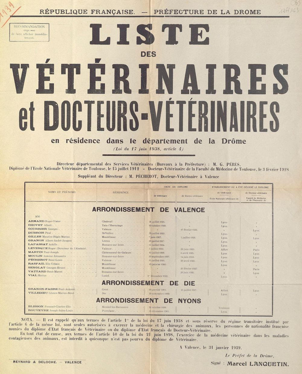 Préfecture de la Drôme : Liste des vétérinaires et docteurs-vétérinaires en résidence dans le département de la Drôme [Valence, 31 janvier 1939]