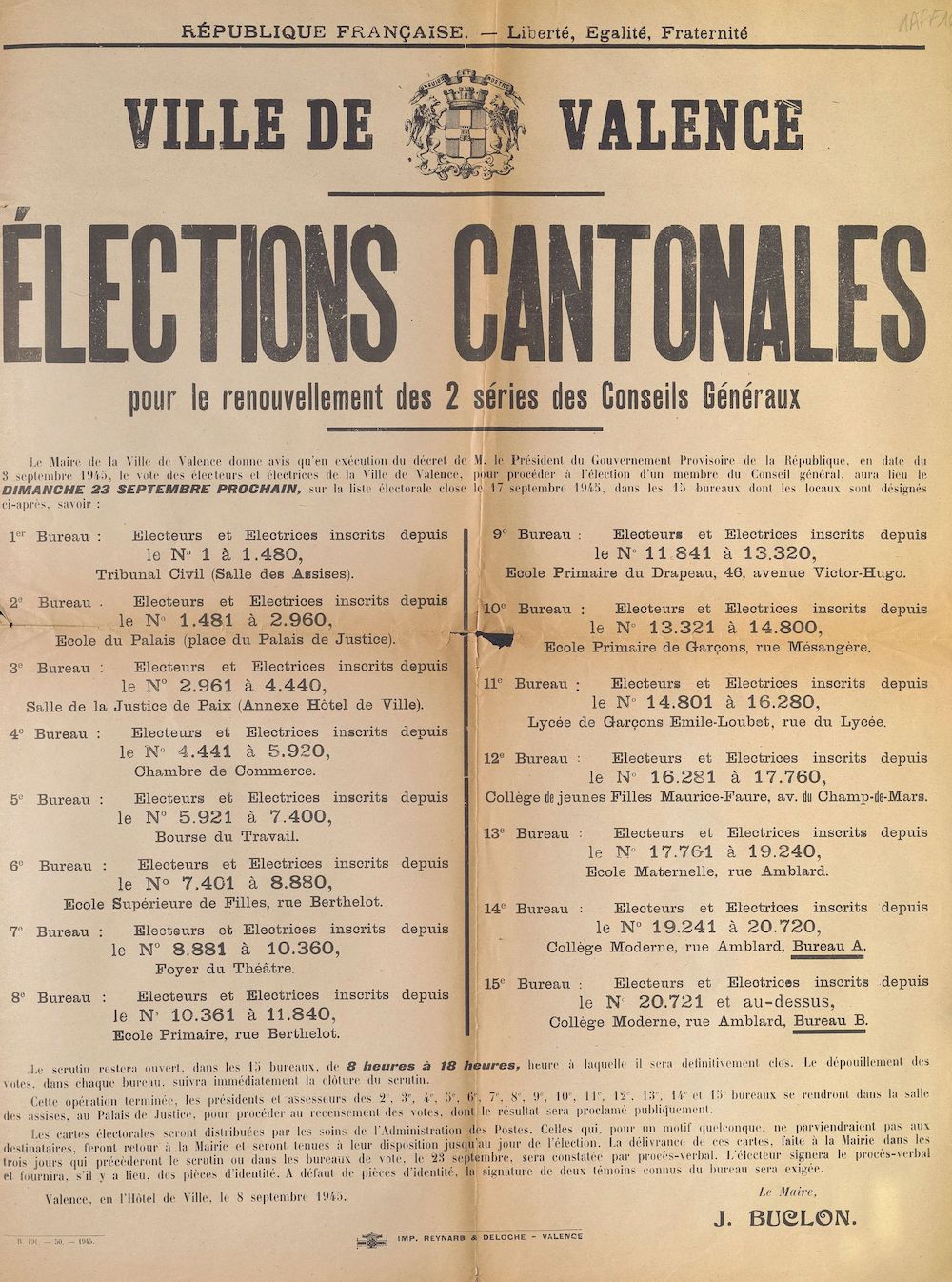 Ville de Valence. Élections cantonales pour le renouvellement des 2 séries des Conseils Généraux [Valence, 08 septembre 1945]