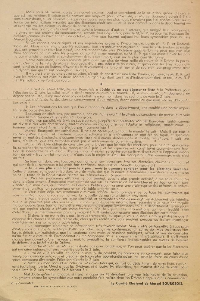 Samedi 18 mai 1946 : une déclaration de Marcel Bourgeois