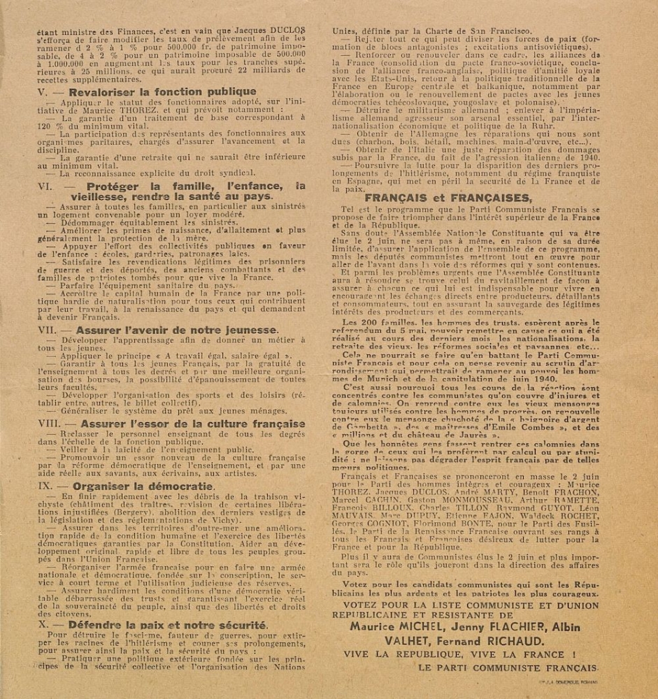 Département de la Drôme. Élections générales du 2 juin 1946 : liste Communiste et d'Union Républicaine et Résistante [programme]
