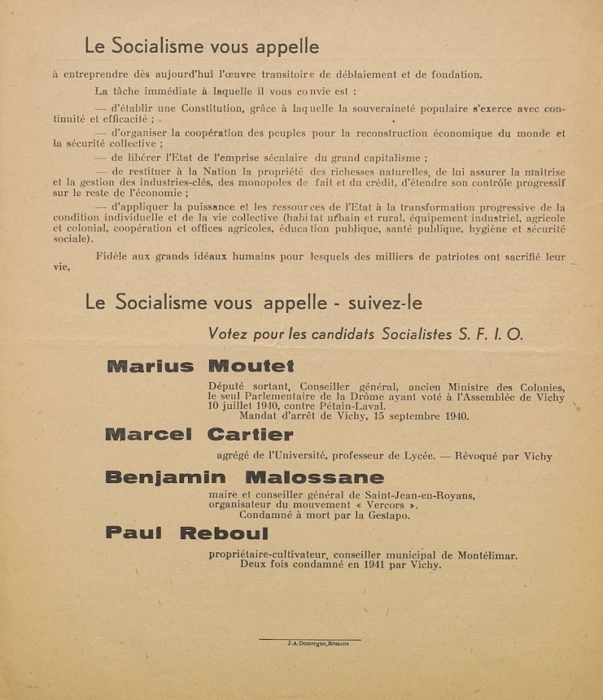 Département de la Drôme. Élections générales du 21 octobre 1945 : Parti Socialiste S.F.I.O. [programme]