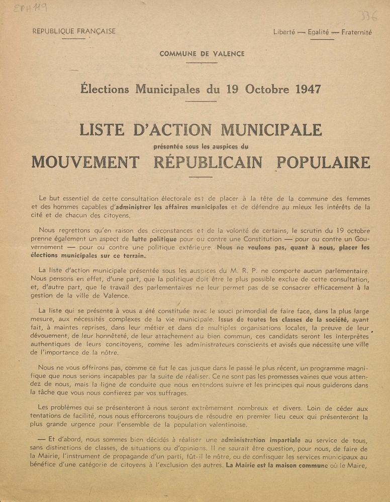 Commune de Valence. Elections municipales du 19 octobre 1947 : liste d'Action Municipale présentée sous les auspices du Mouvement Républicain Populaire [programme]