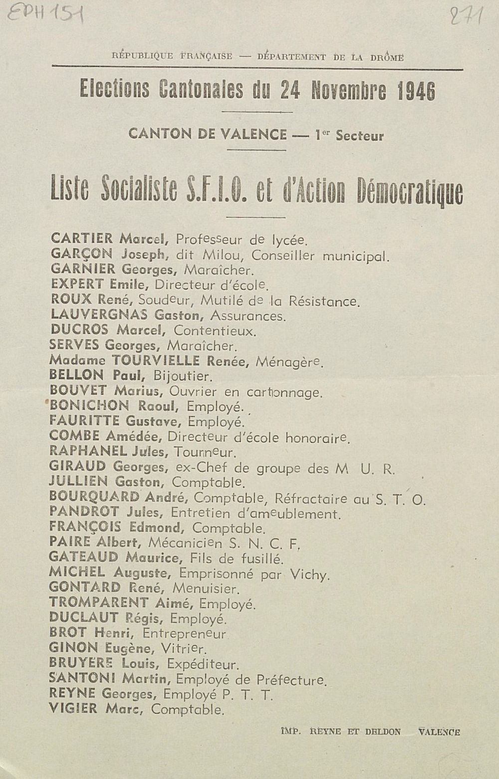 Département de la Drôme. Canton de Valence - 1er secteur. Élection cantonales du 24 novembre 1946 : liste socialiste S.F.I.O. et d'Action Démocratique 