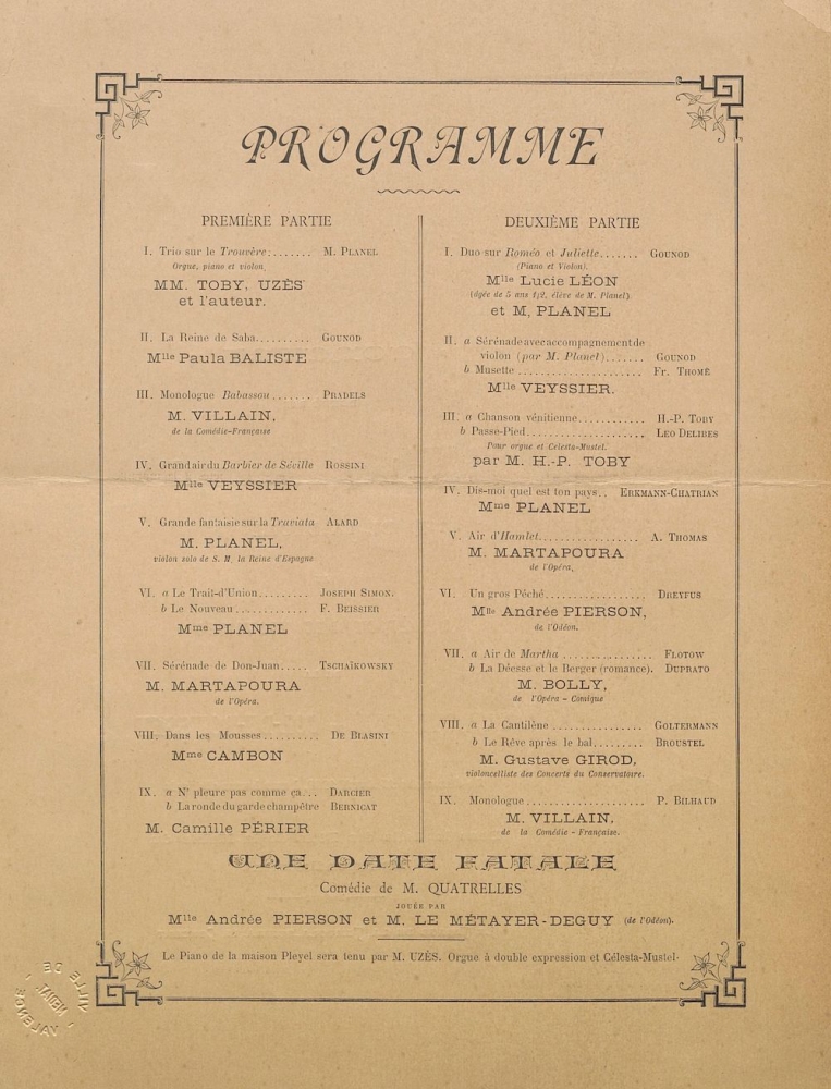 Affiche-programme du Concert donné par l'Union fraternelle de la Drôme au bénéfice de la catastrophe du Col-de-Rousset le dimanche 15 Avril 1888