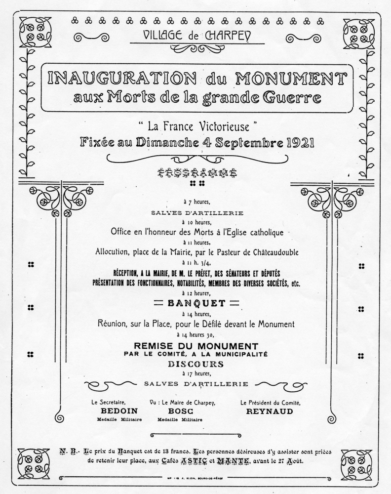 L'affiche annonçant l'inauguration du monument aux morts le dimanche 4 septembre 1921 aux villageois de Charpey