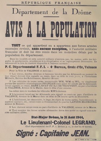 Département de la Drôme : Avis à la population [restitution de tout ce qui a appartenu à l'armée allemande au bureau départemental des Forces Françaises de l'Intérieur]