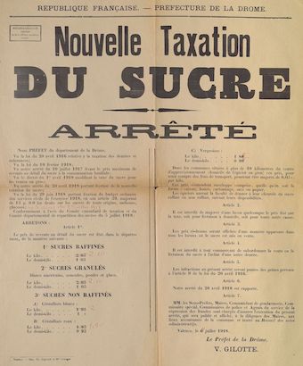 Préfecture de la Drôme. Nouvelle taxation du sucre : Arrêté [Valence, 06 juillet 1918]