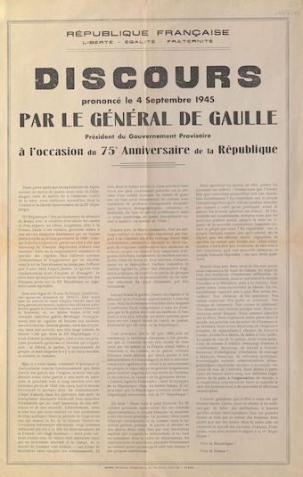 Discours du général De Gaulle prononcé le 4 septembre 1945 à l'occasion du 75e anniversaire de la République