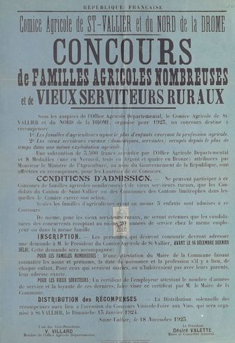 Comice agricole de Saint-Vallier et du Nord de la Drôme : Concours de familles agricoles nombreuses et de vieux serviteurs ruraux 
