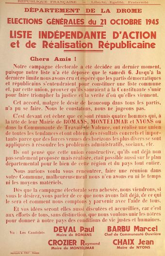 Département de la Drôme. Élections générales du 21 octobre 1945 : Liste Indépendante d'Action et de Réalisations Républicaine
