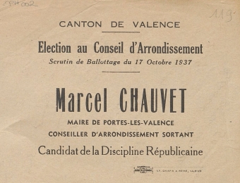 Canton de Valence. Élection au Conseil d'arrondissement : Marcel Chauvet [bulletin de vote]