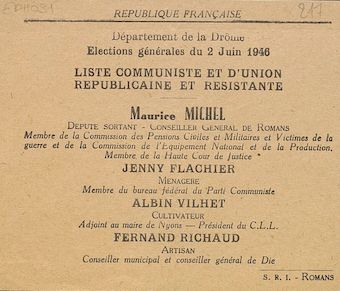 Département de la Drôme. Élections générales du 2 juin 1946 : liste Communiste et d'Union Républicaine et Résistante [bulletin de vote]