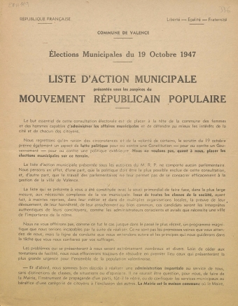 Commune de Valence. Elections municipales du 19 octobre 1947 : liste d'Action Municipale présentée sous les auspices du Mouvement Républicain Populaire [programme]