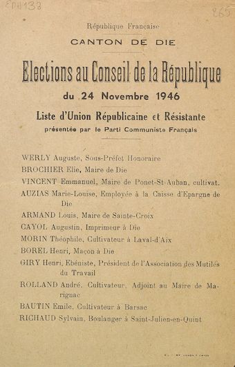 Canton de Die. Election au Conseil de la République du 24 novembre 1946 : liste d'Union Républicaine et Résistante présentée par le Parti Communiste Français