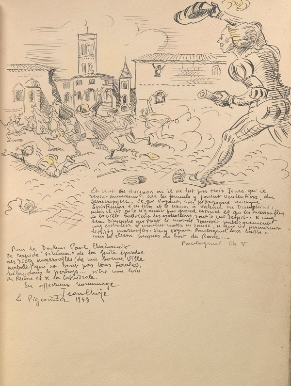 Dédicace du graveur ardéchois Jean Chièze, dans l’ouvrage « Pantagruel » de François Rabelais. [Médiathèque Latour Maubourg, Valence, D30533] 