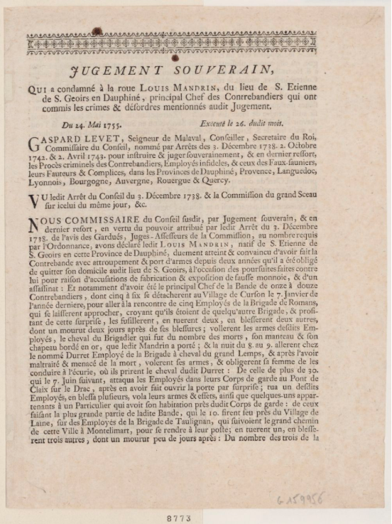 Texte du jugement de Mandrin - 1755